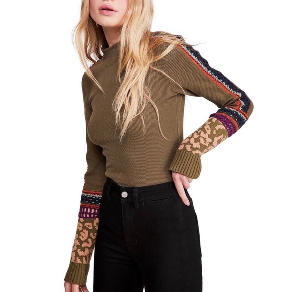 EUC - FREE PEOPLE Switch It Up Cuff Thermal Mock Neck Army Green - Size Small - Picture 2 of 7